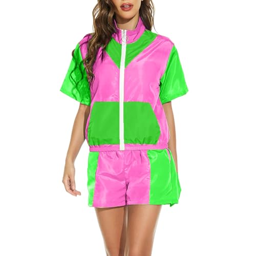 Generisch 80er Jahre Kleidung Kostüm Neon Accessoires Thema Party Karneval Damen Frauen Karneval Favors Decorations Weiberfastnacht Kostüm Damen Sport Top Damen Pink von Generisch