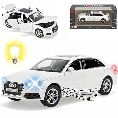 Generisch A*U*D*I A4 B9 Limousine Weiss Ab 2015 mit Licht und Sound 1/32 Tayumo Modell Auto mit oder ohne individiuellem Wunschkennzeichen von Generisch