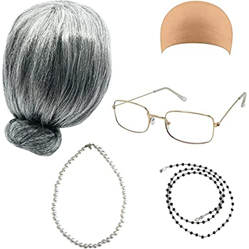 Generisch Alte Dame Kostüm für Kinder,100. Schultag Alte Dame Kostüm - 5-teiliges Kostümzubehör für alte Damen (graue Perücke, Brille mit Kette Generisch Alte Dame Kostüm für Kinder,100. Schultag Alte Dame Kostüm - 5-teiliges Kostümzubehör für alte Damen (graue Perücke, Brille mit Kette von Generisch