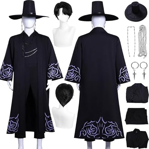 Generisch Anime Jinu Neue Haut Cosplay Kostüm Outfit Rollenspiel Uniform Komplettes Set Halloween Party Karneval Dress Up Anzug mit Perücke Hut für Männer (Schwarz, S) von Generisch