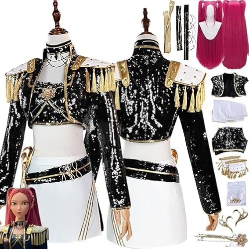 Generisch Anime KPop Demon Hunter Mira Cosplay Kostüm Outfit Zoe Rumi Rollenspiel Uniform Komplettes Set Halloween Party Karneval Dress Up Anzug mit Perücke Ohrringe für Frauen (Bulk, 120) von Generisch