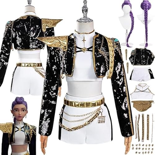 Generisch Anime KPop Demon Hunter Rumi Cosplay Kostüm Outfit Mira Zoe Rollenspiel Uniform Komplettes Set Halloween Party Karneval Dress Up Anzug mit Perücke Ohrringe für Frauen (Bulk, L) von Generisch