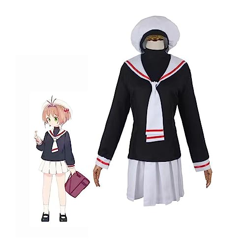 Generisch Anime Kinomoto Sakura Cosplay Kostüm Frauen Schuluniform Kleid Mit Hut Halloween Set,M-Black von Generisch