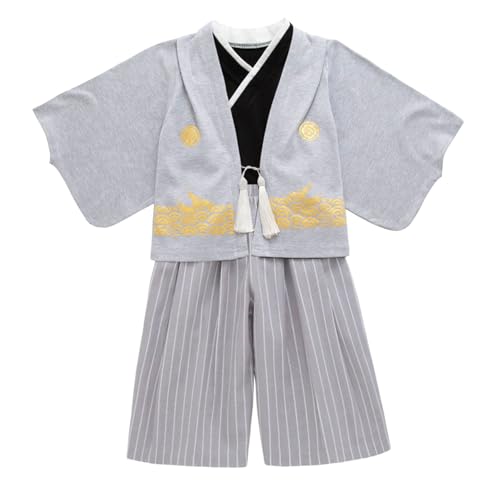 Generisch Baby Body Traditionelle Kleidung Kostüm Traditionelle Kimono Jungen Outfits Stoff Schwarz Schwarzes Shirt Kinder (Light Gray, 7-8 Years) von Generisch