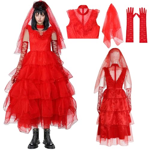 Generisch Braut Kostüm Weiblich Lydia Braut Deetz Kleid mit Perücke Handschuhe Accessoires Damen Halloween Cosplay Outfit (Dress Set, S) von Generisch