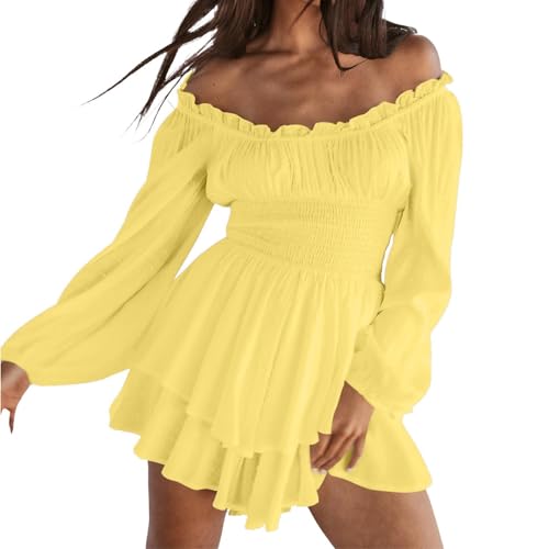Generisch Beige Piratenkostüm Damen Sommerkleid, Swing Kleid Off Shoulder Slash Neck Skaterkleid Einfarbiges A-Linien-Kleid Trägerloses, Knielanges Strandkleid Party Karneval kostüm Piratin S M L XL von Generisch