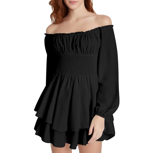 Generisch Beige Piratenkostüm Damen Sommerkleid, Swing Kleid Off Shoulder Slash Neck Skaterkleid Einfarbiges A-Linien-Kleid Trägerloses, Knielanges Strandkleid Party Karneval kostüm Piratin S M L XL von Generisch