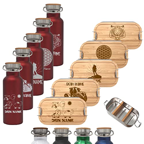 Generisch Brotdose 1800ml mit Fächern und Trinkflasche 500ml aus Edelstahl mit Namen personalisiert, Lunchbox und Isolierflasche für Kinder und Erwachsene Brotzeitbox (Flasche ROT, Lunchbox 1800ml) von Generisch