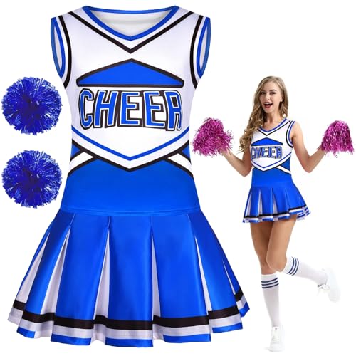 Generisch Cheerleader-Kostüm für Mädchen, Anpassbarer Betankungstext, Schulmädchen Uniform Karneval Fasching Party Halloween Kostüm Kleid mit Pompoms (Blue) von Generisch