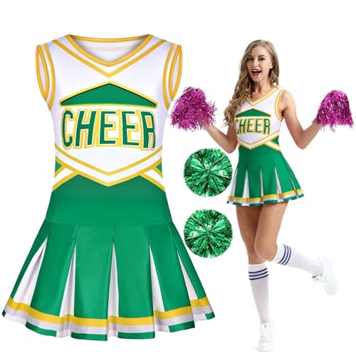 Generisch Cheerleader-Kostüm für Mädchen, Anpassbarer Betankungstext, Schulmädchen Uniform Karneval Fasching Party Halloween Kostüm Kleid mit Pompoms (Green) von Generisch