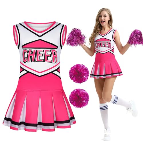 Generisch Cheerleader-Kostüm für Mädchen, Anpassbarer Betankungstext, Schulmädchen Uniform Karneval Fasching Party Halloween Kostüm Kleid mit Pompoms (Pink) von Generisch