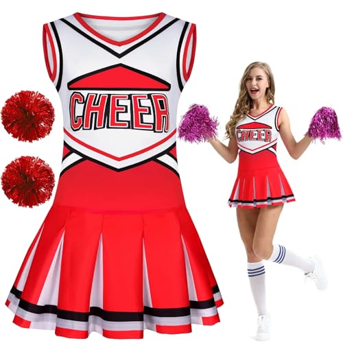Generisch Cheerleader-Kostüm für Mädchen, Anpassbarer Betankungstext, Schulmädchen Uniform Karneval Fasching Party Halloween Kostüm Kleid mit Pompoms (Red) von Generisch