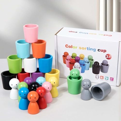 Generisch Color Sorting Cups,Color Sorting Sensory Toys,Regenbogen Steckpuppen und Bälle in Tassen Montessori Spielzeug,Matching Games Color Sorting Toys,Baby Sensorik Bälle Holzspiele (1 Set) von Generisch