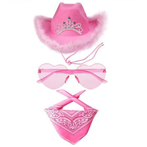 Generisch Cowboy Hut Damen Rosa 3PCS Western Filz Cowgirl Hut mit Bandana & Partybrille Accessoires für Halloween Karneval Kostümzubehör (A) von Generisch