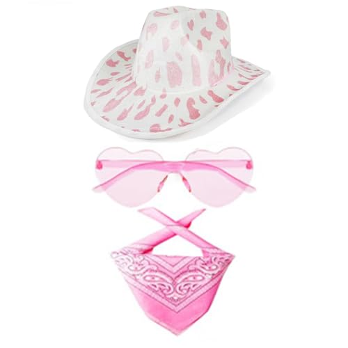Generisch Cowboy Hut Damen Rosa 3PCS Western Filz Cowgirl Hut mit Bandana & Partybrille Accessoires für Halloween Karneval Kostümzubehör (E) von Generisch