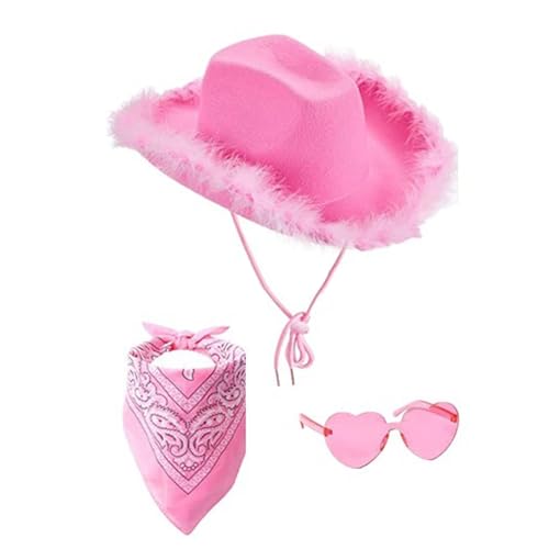 Generisch Cowboy Hut Damen Rosa 3PCS Western Filz Cowgirl Hut mit Bandana & Partybrille Accessoires für Halloween Karneval Kostümzubehör (G) von Generisch