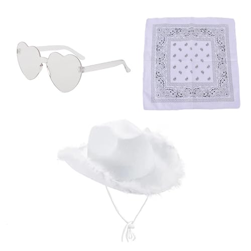 Generisch Cowboy Hut Damen Rosa 3PCS Western Filz Cowgirl Hut mit Bandana & Partybrille Accessoires für Halloween Karneval Kostümzubehör (I) von Generisch
