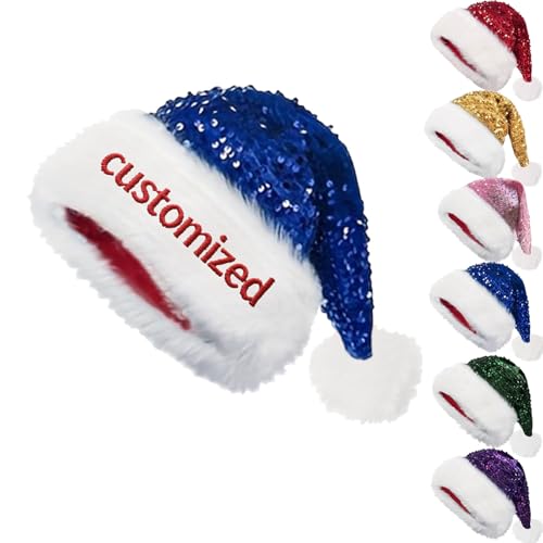 Generisch Custom Weihnachten Pailletten Santa Hut, Personalisierte Funkelnde Weihnachten Pailletten Hut mit Namen für Erwachsene, Weihnachtskostüm Fancy Kleid Zubehör (Blau) von Generisch