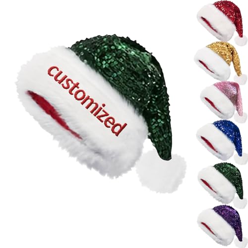 Generisch Custom Weihnachten Pailletten Santa Hut, Personalisierte Funkelnde Weihnachten Pailletten Hut mit Namen für Erwachsene, Weihnachtskostüm Fancy Kleid Zubehör (Dunkelgrün) von Generisch