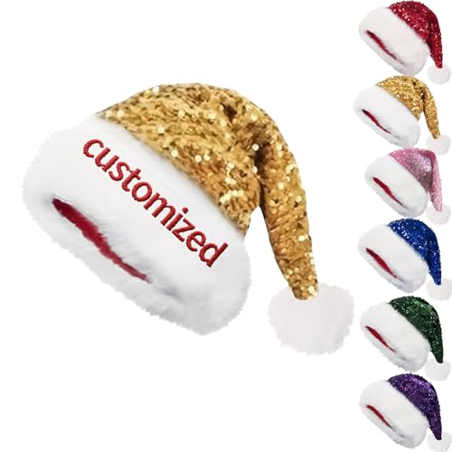 Generisch Custom Weihnachten Pailletten Santa Hut, Personalisierte Funkelnde Weihnachten Pailletten Hut mit Namen für Erwachsene, Weihnachtskostüm Fancy Kleid Zubehör (Gold) von Generisch