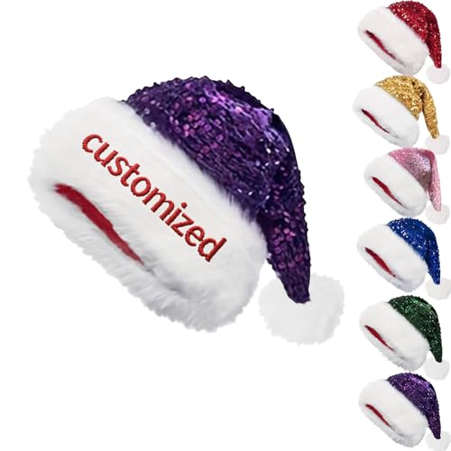 Generisch Custom Weihnachten Pailletten Santa Hut, Personalisierte Funkelnde Weihnachten Pailletten Hut mit Namen für Erwachsene, Weihnachtskostüm Fancy Kleid Zubehör (Lila) von Generisch
