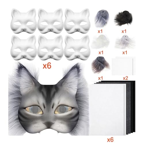 Generisch ​DIY Masken Bastelset Katze 6 teilig Leere Therian Katzenmaske mit Filzstofftüchern Kunstfell Handbemalt Materialien für Rollenspiel Kostüm Party Halloween Karneval (Schwarz(19 Stück)) von Generisch