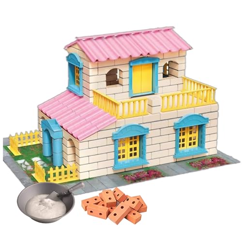 DIY Mini-Ziegelhaus BAU-Set für Kinder – Architektenspielzeug mit Mini-Ziegeln & Zement | Haus zum Selberbauen für Jungen & Mädchen - Steinbaukasten (Pinke Villa) von Generisch
