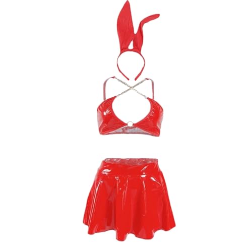 Generisch Damen Glänzendes Rave-Outfit Festival-Kostüm Set mit BH Top Minirock Stirnband für Gothic Party Nachtclub (Red, XL) von Generisch