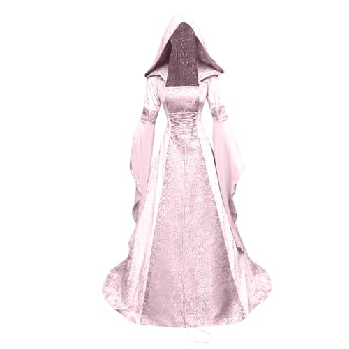 Generisch Damen Langarm mit Kapuze Mittelalter Kleid Bodenlang Schnürkleid Hexenkleid Elegant Cosplay Gothic Mittelalter Kleidung Renaissance Halloween Party Kostüm Karneval Fasching Kostüm Maxikleid von Generisch