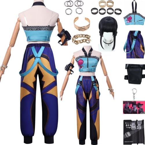 Generisch Demonhunters Cosplay Kostüm Tube Top Hose Perücke Uniform Set Demonhunters Kostüm Halloween Party (Blau + Perücke, L) von Generisch