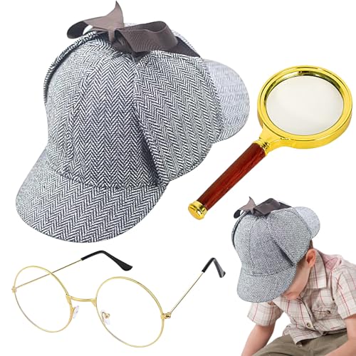 Generisch Detektiv Kostümzubehör Set, Detektiv Cosplay Zubehör, Cosplay Kostüm Accessoires, Hut Brille Lupe für Damen Herren Mädchen Halloween Party Bühnenauftritt von Generisch