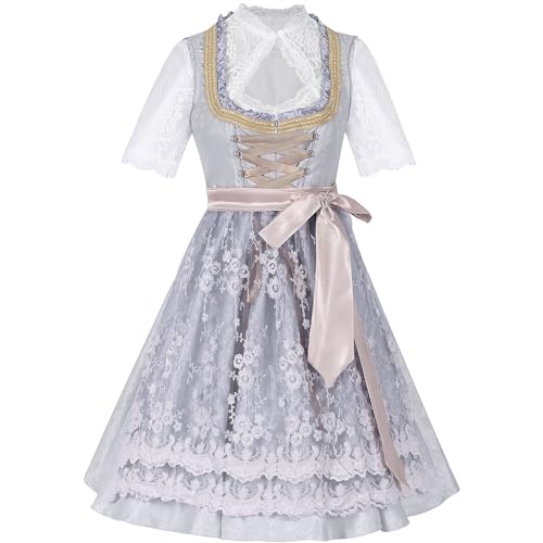 Generisch Deutsches Oktoberfestkleid Damen Mittellanges Kleid mit Hemd Schürze Dreiteiliges Set für Cosplay Mittelalter Kostüm (Grey-2, L) von Generisch