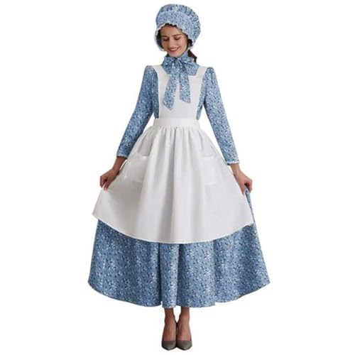Generisch Dirndl Damen midi Karneval Halloween Mittelalterliches Cosplay-Kleid, Bierfest, Halloween-Kostüm, Wolf, Oma, Bauernhof, elegantes Kleid Kostüm Kontaktlinsen Für Augen Cosplay (Blue, M) von Generisch