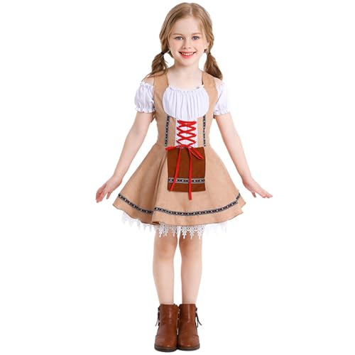 Generisch Dirndl Kinder Mädchen Modern Traditional Kleid Kostüm Halloween Elegante Dress Vintage Teenager Dirndlschürze Costume Kinderdirndl Khaki M von Generisch