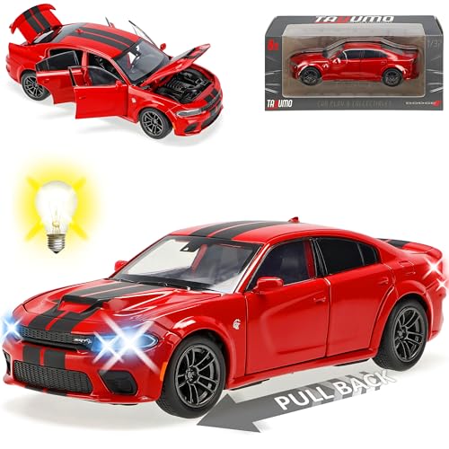 Generisch Dodge Charger SRT Limousine Rot mit Streifen in Schwarz Ab 2016 mit Licht und Sound 1/32 Tayumo Modell Auto mit oder ohne individiuellem Wunschkennzeichen Generisch Dodge Charger SRT Limousine Rot mit Streifen in Schwarz Ab 2016 mit Licht und Sound 1/32 Tayumo Modell Auto mit oder ohne individiuellem Wunschkennzeichen von Generisch