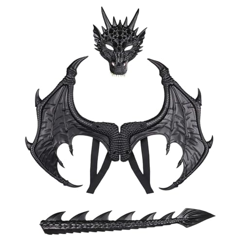 Generisch Drachenflügel Kostüm Dinosaurier Schwanz Set Cosplay Halloween Drachenkostüm Abschlussfeier Deko 2022 Lila (Black, A) von Generisch
