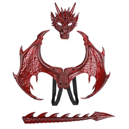 Generisch Drachenflügel Kostüm Dinosaurier Schwanz Set Cosplay Halloween Drachenkostüm Abschlussfeier Deko 2022 Lila (Red, A) von Generisch