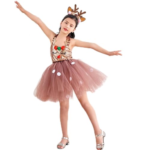 Generisch Elchkostümkleid - Mädchen-Weihnachtsballett-Outfit,Prinzessin-Ballett-Outfit mit Rentier-Geweih-Stirnbändern, Feiertags-Rollenspiel-Maskerade-Party-Requisiten, ausgefallenes Cosplay-Zubehör von Generisch