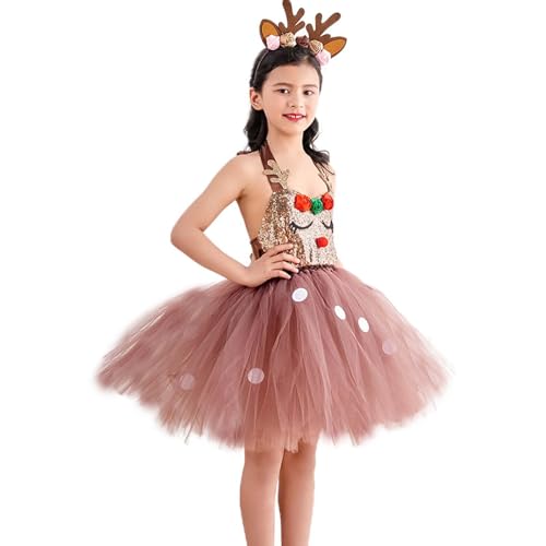 Generisch Elchkostümkleid - Mädchen-Weihnachtsballett-Outfit - Weihnachts-Ballett-Outfit mit Rentier-Geweih-Stirnbändern, Feiertags-Rollenspiel-Maskerade-Party von Generisch