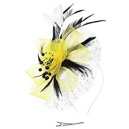Generisch Fascinator Hüte für Damen Cocktail Tee Party Kopfbedeckung Blume Mesh Feder Fascinator Mädchen Blume Haarclip Fascinatoren Hut Braut Kopfschmuck mit Schleier Stirnband Hochzeit Kirche Hüte von Generisch