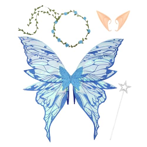 Generisch Feenflügel Für Erwachsene,Engelsflügel Kostüm Set Mit Blumigem Kopfschmuck Und Elfenohren | Kostüm Für Cosplay Bühne Hochzeit Fest Aufführung Prinzessin Rollenspiel Und von Generisch