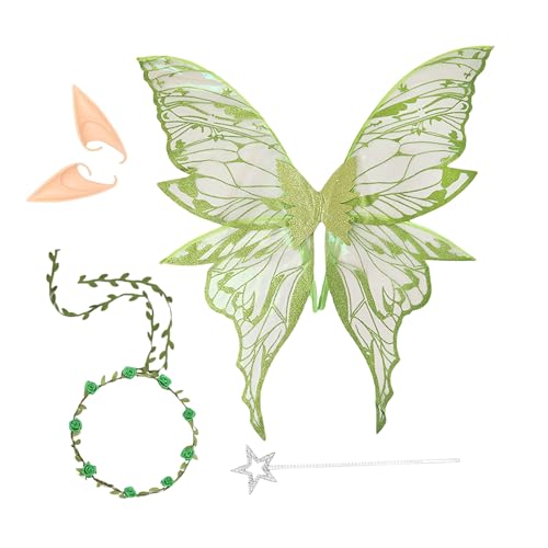 Generisch Feenflügel Für Erwachsene | Engelsflügel Kostüm Set Mit Blumigem Kopfschmuck Und Elfenohren,Kostüm Für Cosplay Bühne Hochzeit Fest Aufführung Prinzessin Rollenspiel Und von Generisch