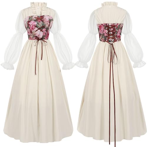Generisch Feenkleid für Frauen Elegantes Cosplay Kostüm Mittelalterliches Prinzessinnenkleid mit Details (Beige-3, M) von Generisch