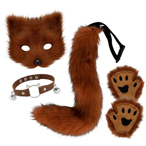 Generisch Fox Kostüm Set Mit Fuchs Stirnband Fuchsschwanz Fuchs Maske Cosplay Fuchsschwanz Kunstpelz Maske Therian Handschuhe Mit Krallen von Generisch