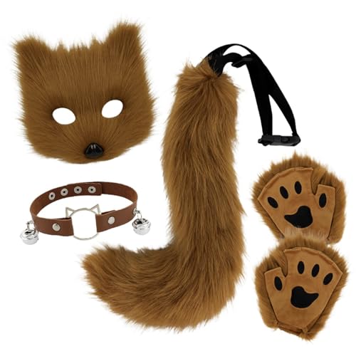 Generisch Fox Kostüm Set Mit Fuchs Stirnband Fuchsschwanz Fuchs Maske Cosplay Fuchsschwanz Kunstpelz Maske Therian Handschuhe Mit Krallen von Generisch