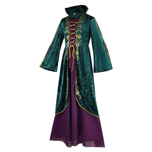 Generisch Frauen Winifred Sanderson Cosplay Kostüm Kleid Mit Perücke, Sa-rah Sanderson Kostüm Kleid, Hallofween Mittelalter Renaissance Schwestern Kleid Samt Hexenkostüm, für Bühne Halloween Karneval von Generisch