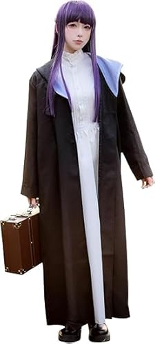 Generisch Frieren Kostüm Damen Cosplay Kostüm Anime Frieren Beyond Journey's End Full Set Weißer Umhang Rock Uniform mit Strumpfhose Gürtel Ohren Halloween Outfit Erwachsene (Fern, M) von Generisch