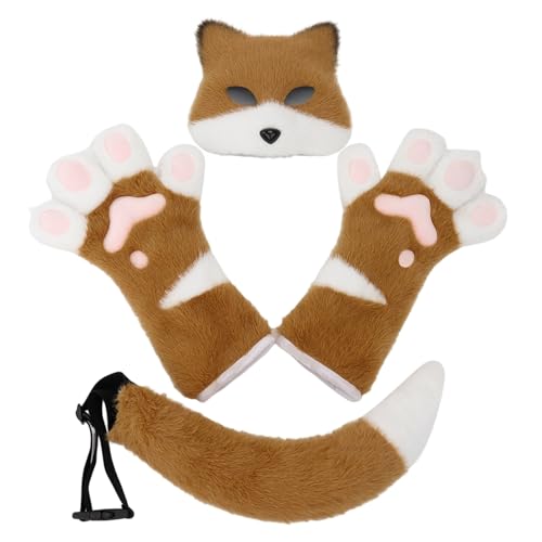 Generisch Fuchs Kostüm-Set Halloween Kostüm Katzen Maske Cat Therian Mask Handschuhe Plüsch Fuchsschwanz Cat Fuchs Maske Fuchshandschuhe Cosplay Tier Verkleiden für Halloween Karneval Weihnachten von Generisch