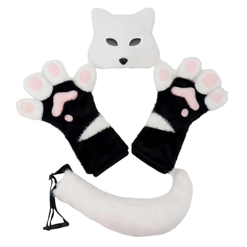 Generisch Fuchs Kostüm-Set Halloween Kostüm Katzen Maske Cat Therian Mask Handschuhe Plüsch Fuchsschwanz Cat Fuchs Maske Fuchshandschuhe Cosplay Tier Verkleiden für Halloween Karneval Weihnachten von Generisch