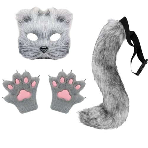 Generisch Fuchs Kostüm-Set Halloween Kostüm Katzen Maske Cat Therian Mask Handschuhe Plüsch Fuchsschwanz Cat Fuchs Maske Fuchshandschuhe Cosplay Tier Verkleiden für Halloween Weihnachten Karneval von Generisch